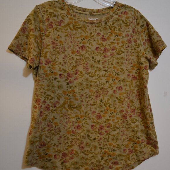 OLD NAVY Everywear Short Sleeves 100%Cotton Tan Colorful Floral Ladies Blouse M - Picture 4 of 6